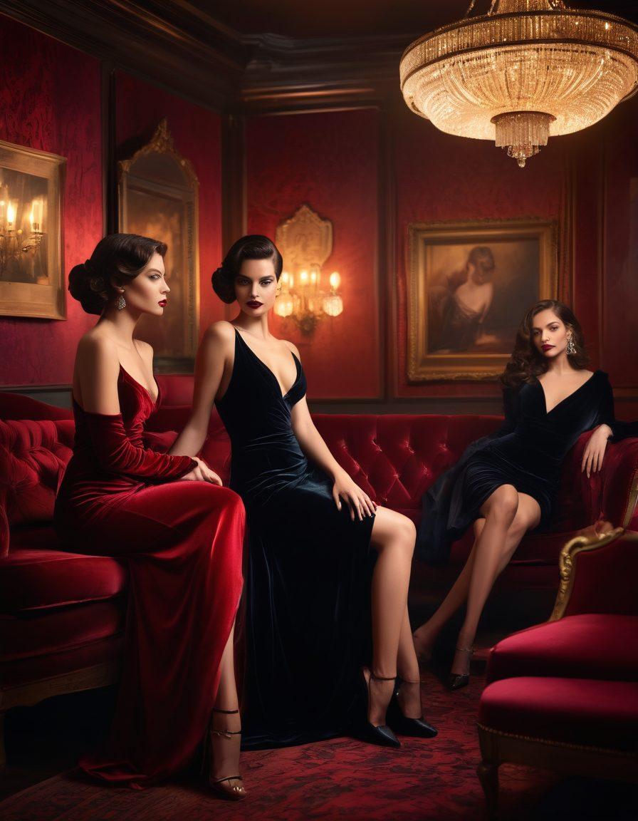 A mesmerizing scene showcasing a group of alluring femmes fatales dressed in seductive, elegant attire, exuding confidence and charm. The background is a luxurious velvet lounge illuminated by soft, ambient lighting, creating a sultry atmosphere. Incorporate elements of mystery with shadowed corners and silhouettes that suggest intrigue. The color palette should be rich with deep reds, golds, and blacks, enhancing the allure. super-realistic. vibrant colors. moody lighting.