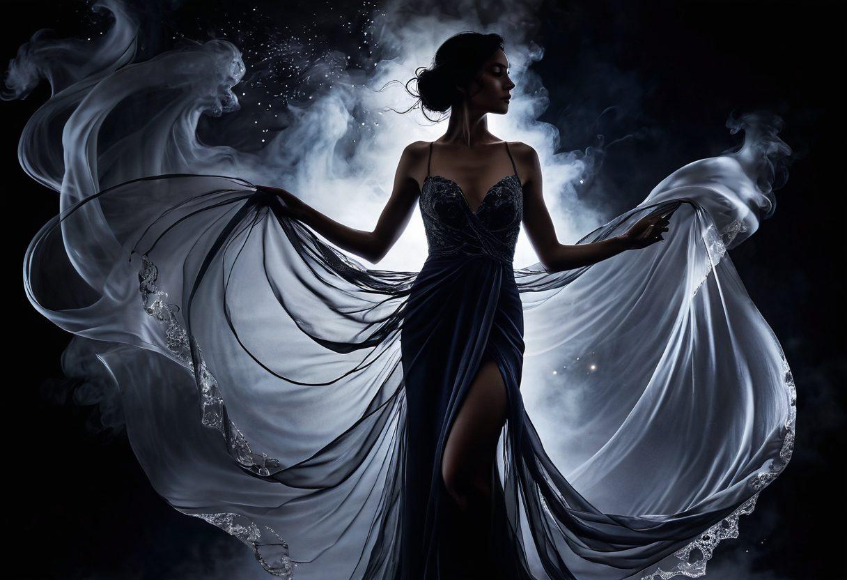 A mysterious silhouette of a seductive woman draped in flowing, sheer fabric, surrounded by ethereal wisps of smoke. The background features an enchanting moonlit night with glimmering stars, enhancing the allure and intrigue. Subtle hints of provocative elements like delicate lace and soft shadows add depth. Colors should be rich and deep to evoke passion and allure. super-realistic. vibrant colors. dreamy atmosphere.