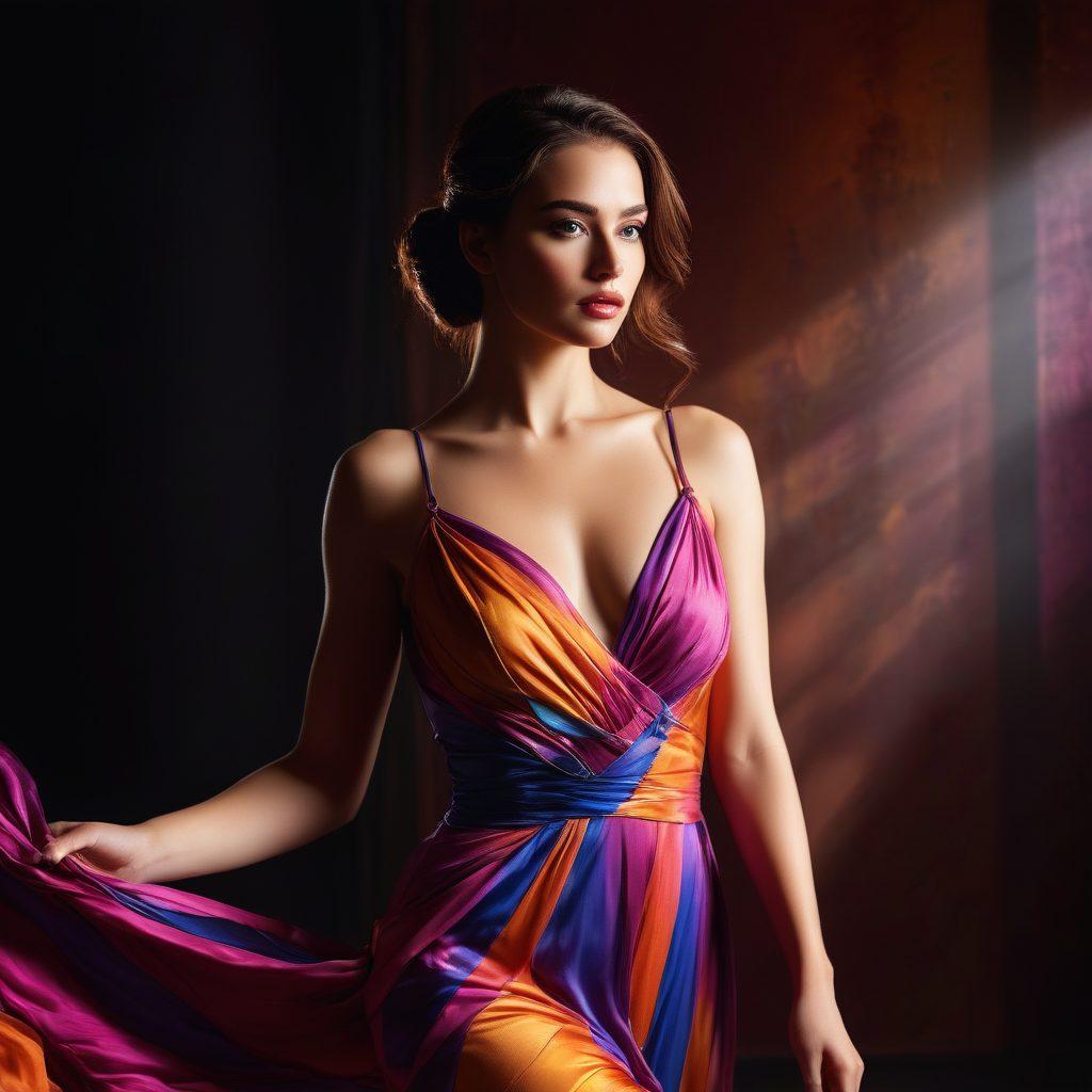 A captivating scene showcasing a confident alluring female figure in an elegant, flowing dress, surrounded by soft, mysterious shadows and vibrant colors. Highlight her expressive facial features and sultry pose, emphasizing a sense of empowerment and allure. Include hints of decorative masks in the background to suggest the theme of unmasking sensations. The setting should be both enchanting and slightly risqué, alluring the viewer's imagination. super-realistic. vibrant colors. cinematic lighting.